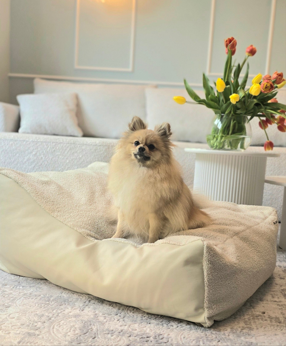 Leżanka dla psa-ekoskóra z futerkiem boucle, legowisko