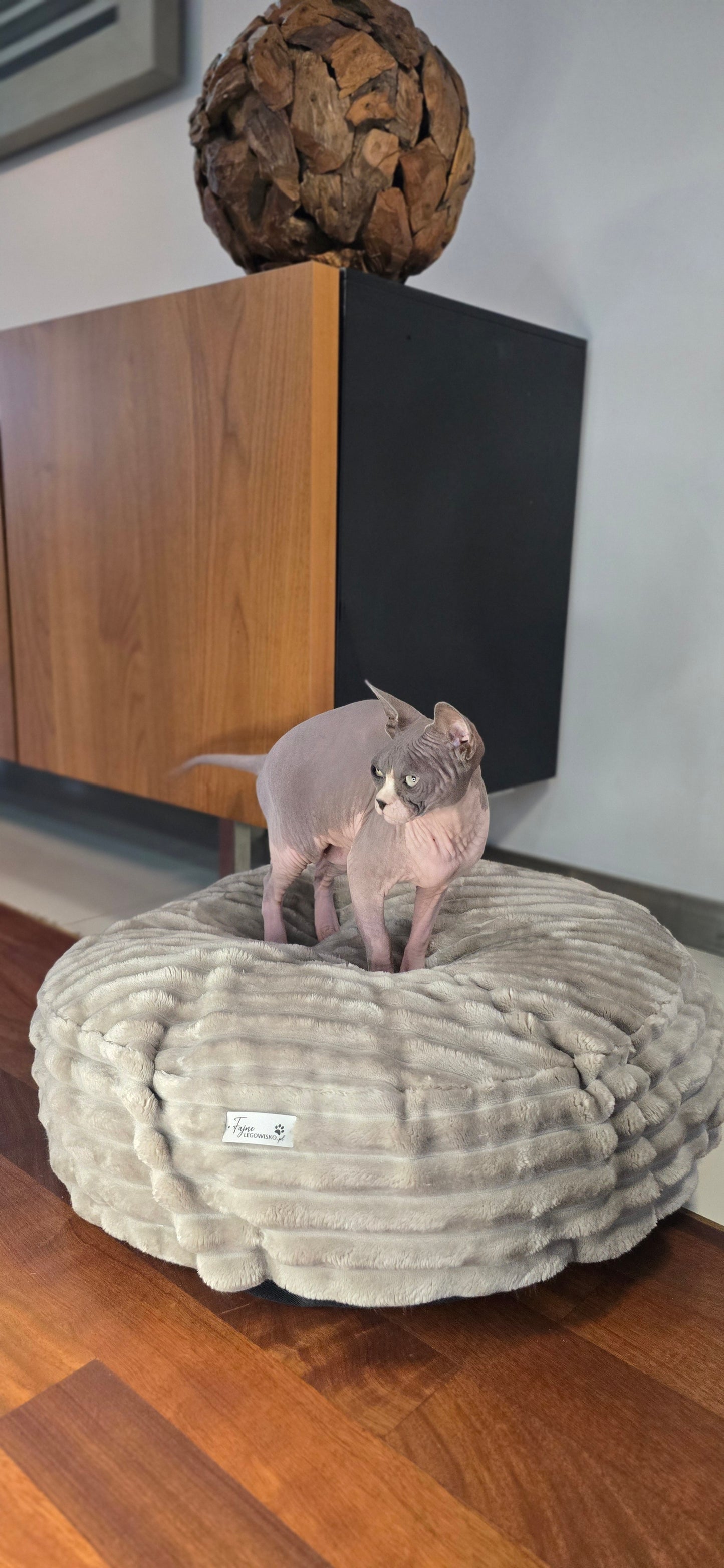 Pufka sztruksowo- welurowa w kolorze beżowym, legowisko